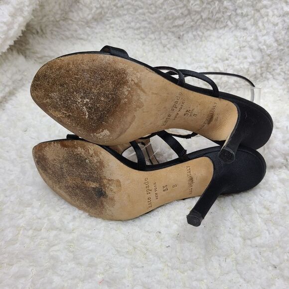 Kate Spade Black Satin‎ Chunky Rhinestone Embellished Strappy Heeled Sandals - Picture 4 of 5